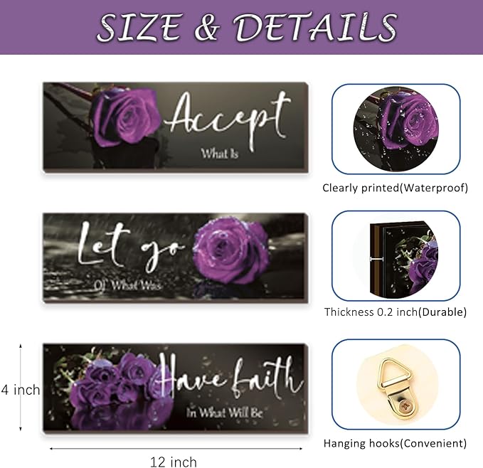 ZINYAZHE 3 Pcs Purple Wall Decor Inspirational Purple Bathroom Decor Wooden Rose Wall Art With Accept Let Go Have Faith Quotes For Girl Women Bathroom Bedroom Office(16 X 5Inch)