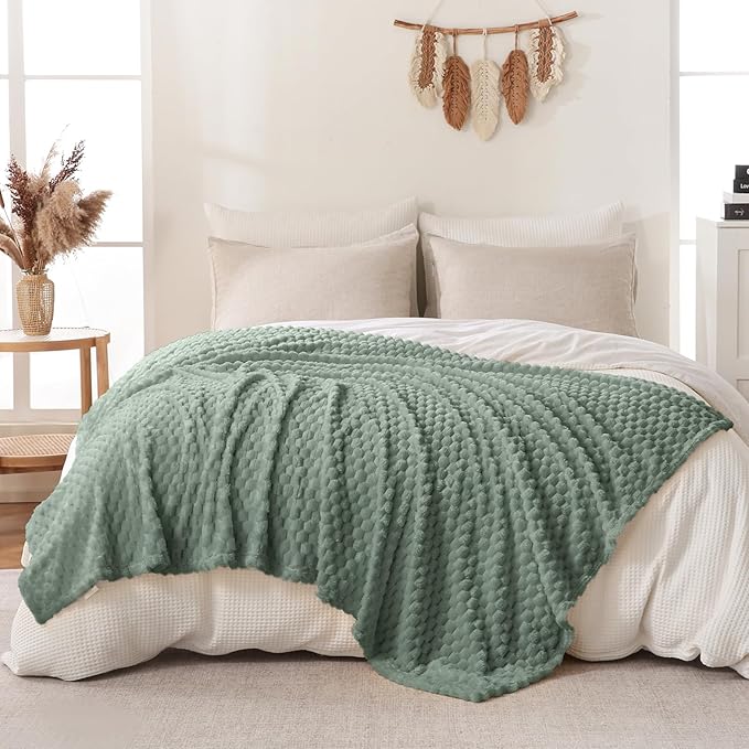 Bnuitland Sage Green Flannel Throw Twin Size Blanket (60X80 inches), 300 GSM Fleece Cozy Warm Soft Home Decor Lightweight Bed Blanket for Adults, Suitable for All Seasons.