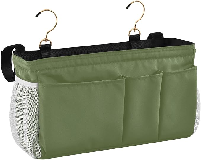 DOMIKING Dark Green Bedside Caddy for Dorm Bed Recliner Armrest Organizer with Hooks Haning Storage Bags for Couch Recliner Remote Control