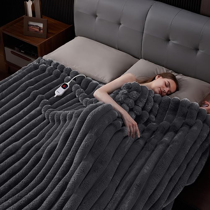 Heated Blanket Full Size, Faux Fur Cozy Heating Blanket with Overheat Protection, 1/2/4/6/8 Hours Auto-Off 10 Heat Level, Machine Washable (72x84 Inches, Darkgrey)