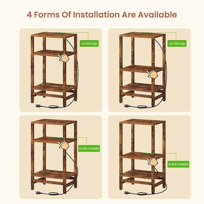 Side Table with Fast Charging Station, 3 Tier End Table with Type C and USB Port, Small Bedside Tables for Small Space, End Tables for Living Room, Bedroom, Office, Rustic Brown