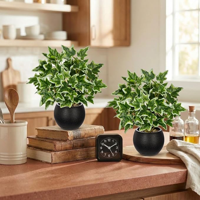 2 Packs Artificial Plants in Black Pot Fake Ivy Plants Potted Decorative Faux Plant for Home Kitchen Decor