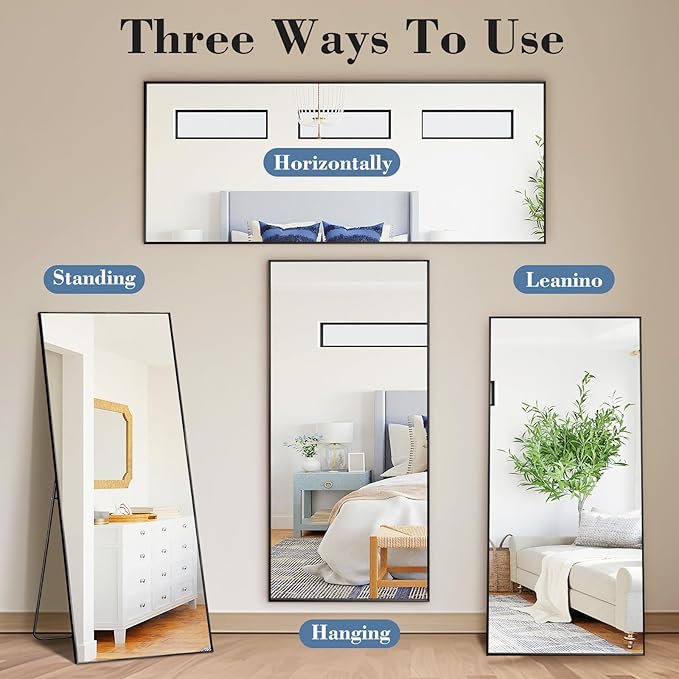 Mirror Full Length, Upgraded Body Wall Mirrors with Shatter-Proof Glass, Floor Standing, Hanging or Leaning, Tall Mirror with Stand Aluminum Alloy Frame for Bedroom