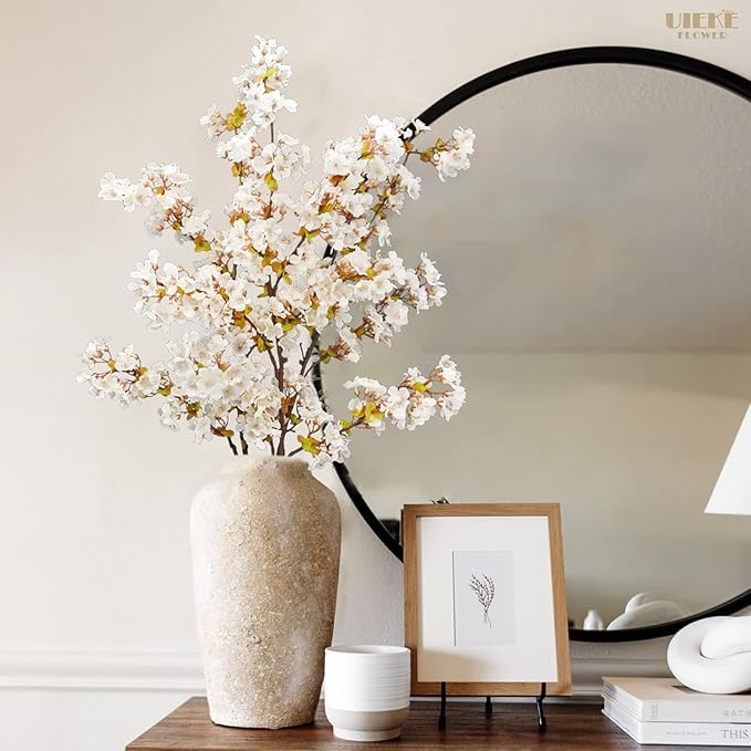 Uieke 24Pcs Silk Cherry Blossom Branches, 39.3in Artificial Cherry Blossom Tree Stems, Fake Plum Blossom Flowers Arrangement for Wedding Home Japanese Decor, White