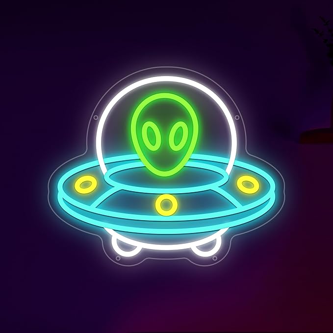 UFO Neon Sign, Alien Neon Signs for Wall Decor, UFO ET Dimmable Neon Light for Bedroom, Game Room, Kids Room, Bar Decoration, USB Powered Light Up Signs for Party Decor