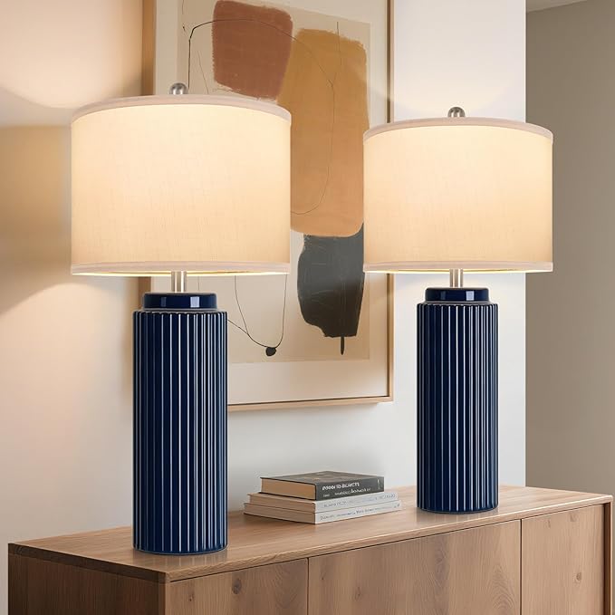 28’’ Modern Ceramic Table Lamps for Living Room Set of 2, Tall Farmhouse Bedside Lamps with Linen Shade, Dark Blue Rustic Nightstand Lamps for Bedroom, Vintage End Table Lamps for Office Hallway