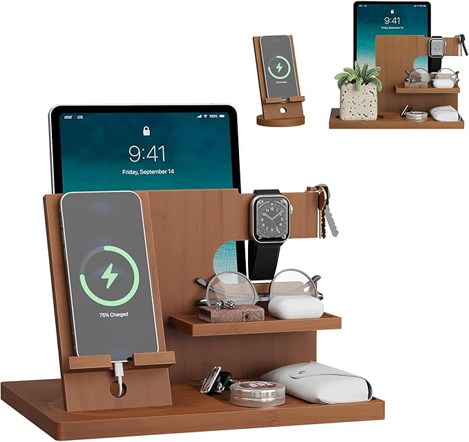 Valentine's Day Gifts for Men Wood Phone Docking Station with Separate Phone Stand, Bedside Desk Organiser with Phone and Key Holder Anniversary Birthday Presents for Dad Husband Boyfriend Son Brown