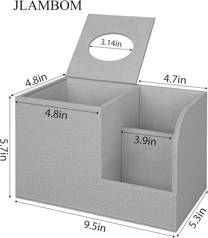 PU Leather Tissue Box Cover with Remote Control Holder, Square Tissue Box Holder for Living Room Bathroom Office (Grey)
