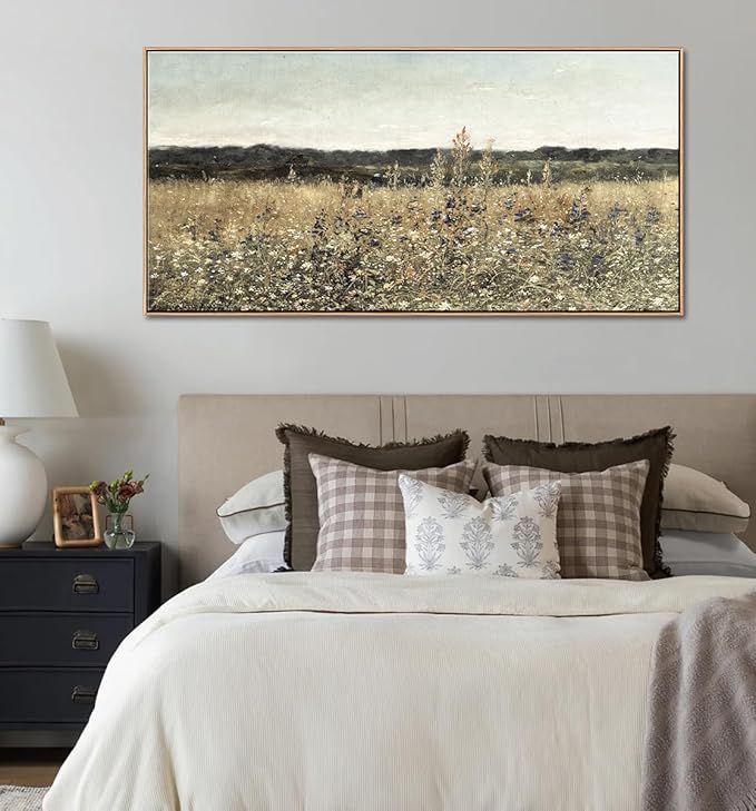 DJSYLIFE Extra Large Framed Canvas Wall Art Oversized Vintage Wildflower Field Landscape Painting Prints Classical Flowers Pictures for Farmhouse Living Room Bedroom Wall Decor 29.52 x 57.87 Inch