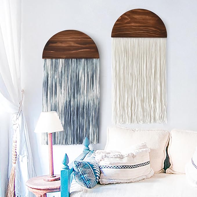 2 Pcs Tie-dye Macrame Wall Hanging Boho Home Decor, Blue White Yarn Tassel Wall Art with Modern Wood Frame, Semicircle Design 13.7" W x 30" L Perfect for Living Room Bedroom Headboard Decoration