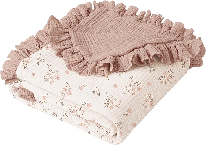 Konssy Flounce Muslin Baby Blanket for Girls Boys, 100% Cotton Soft Crib Swaddle Blankets, Reversible & Breathable Nursery Bedding for Newborns Toddlers, 40 x 36 Inches (Petal Dream)