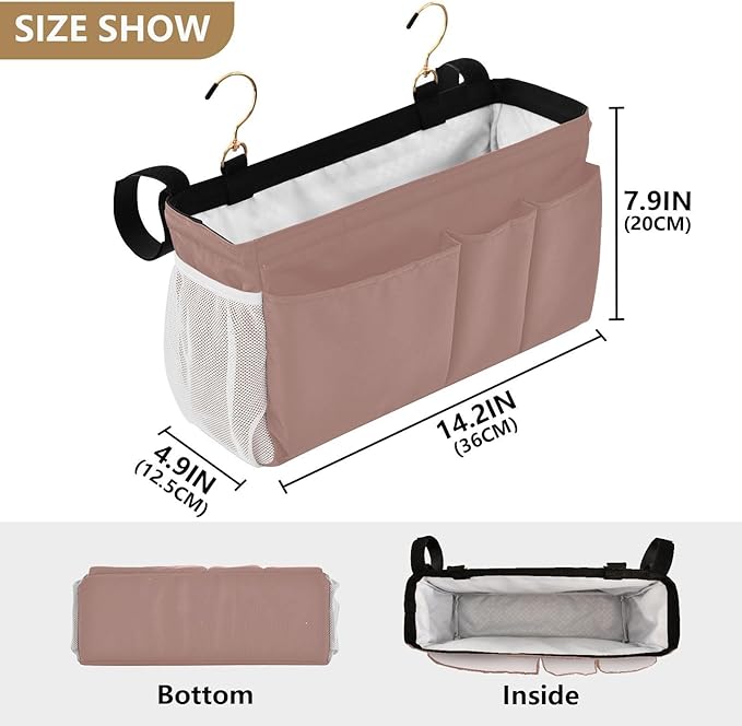 DOMIKING Rose Gold Bedside Caddy for Dorm Bed Recliner Armrest Organizer with Hooks Haning Storage Pockets for Tablet Phone Magazine