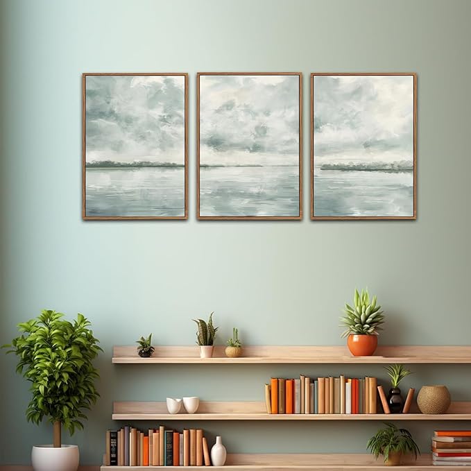 CHDITB Abstract Coastal Landscape Framed Wall Art, Lake Pastel Painting, Misty Sky Seascape Print, Blue Gray Artwork Minimalist Neutral Nature Wall Decor for Zen Living Room Bedroom Office 16"x24"x3