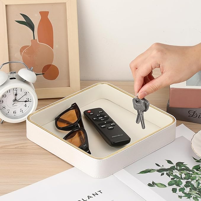 Decorative Key Holder Tray PU Leather Valet Tray Desk Organizer Tray for Wallet Remote Trinket Dish for Vanity Nightstand Beside, 8.2" x 8.2" x 1.5"
