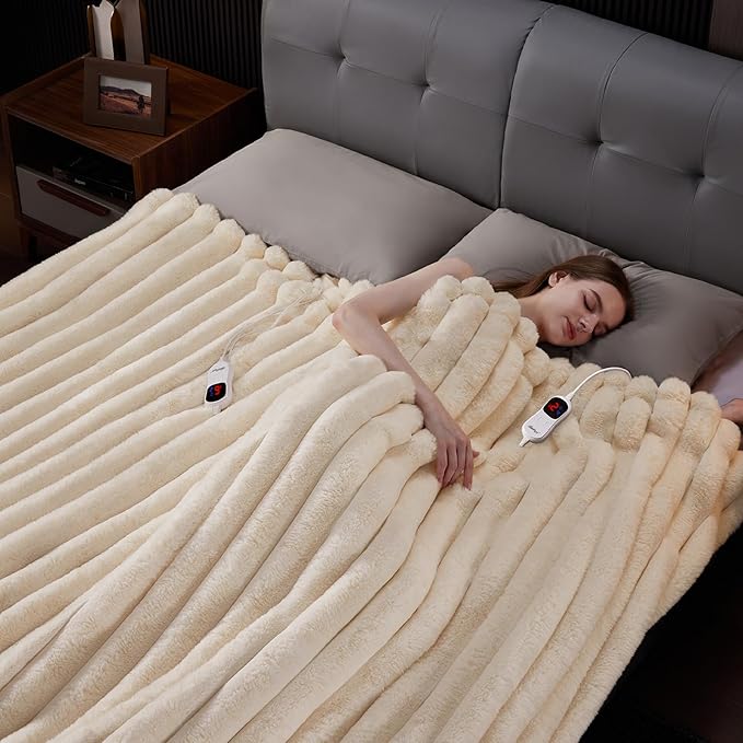 Heated Blanket Queen Size, Faux Fur Cozy Heating Blanket with Overheat Protection, 1/2/4/6/8 Hours Auto-Off 10 Heat Level, Machine Washable (84x90 Inches, Cream White)