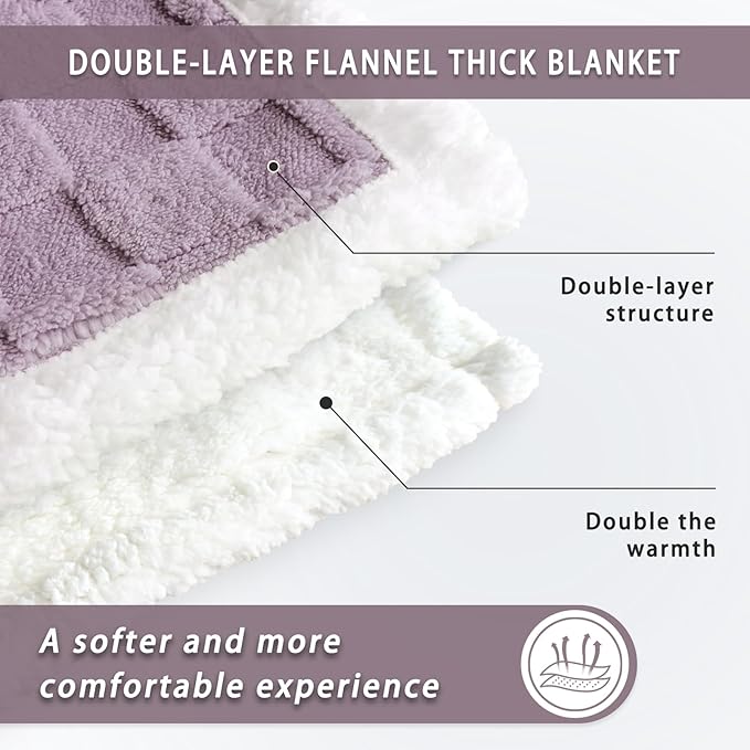 Sherpa Throw Blanket for Couch, Flannel Cozy Soft Thick Blanket for Bed - Fleece, Purple, 60x80 Inches