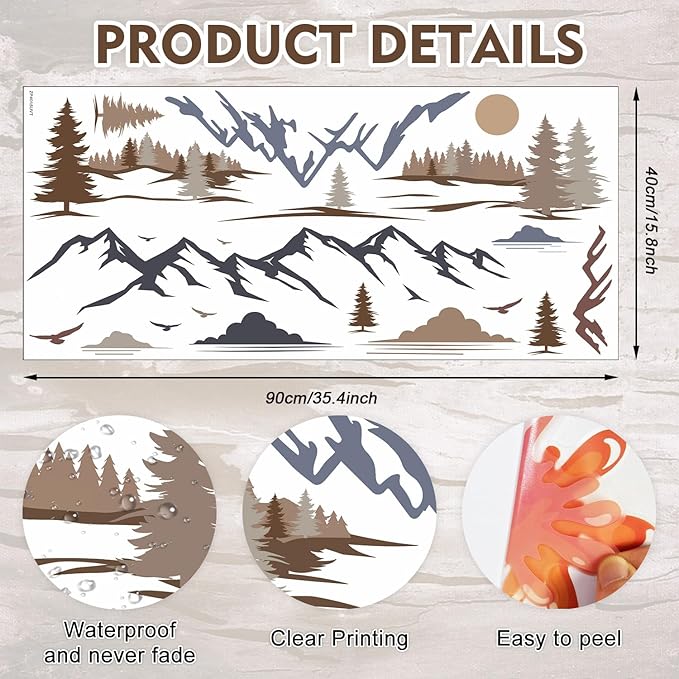 HLNIUC Big Mountain Wall Decal Peel and Stick 35”x16”Forest Nature Landscape Window Clings Mountain Ridge Pine Trees Removable Wall Stickers Art Geometric Mountains Room Decals for Living Room Bedroom