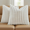 FUTEI Cream White Decorative Throw Pillow Covers Set of 2, 24x24 Inch Soft Fluffy Faux Fur Plush Striped European Cushion Cases, Modern Home Decor for Couch Bed Living Room