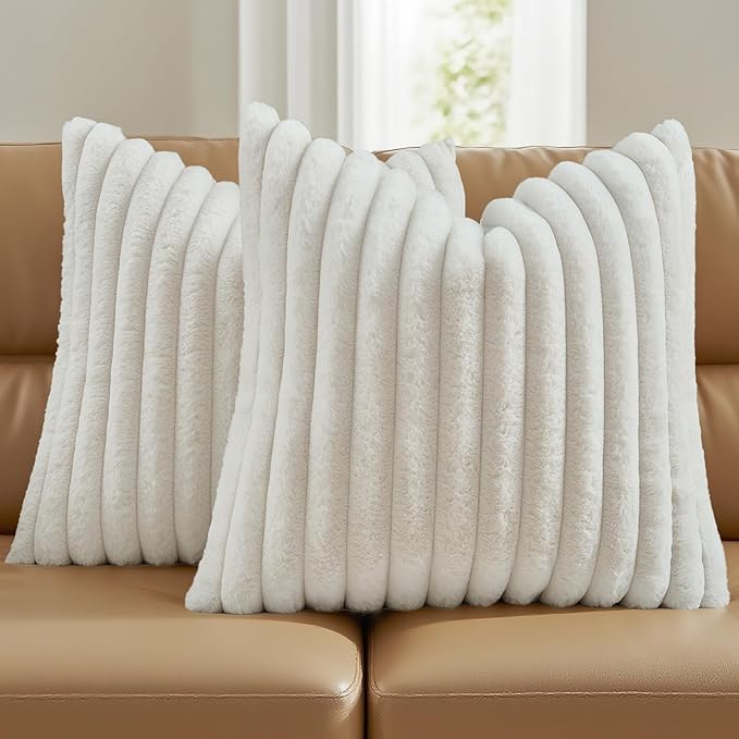 FUTEI Cream White Decorative Throw Pillow Covers Set of 2, 22x22 Inch Soft Fluffy Faux Fur Plush Striped Cushion Cases, Modern Home Decor for Couch Bed Living Room