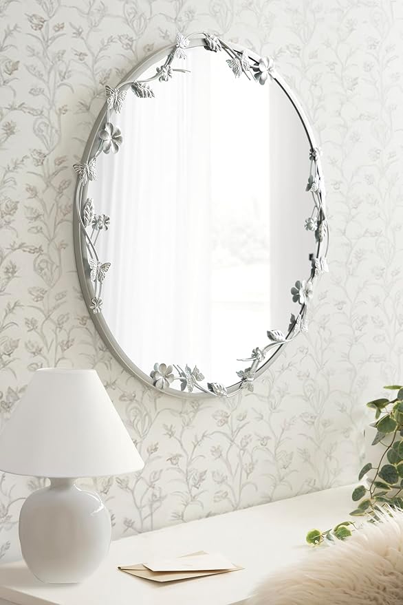 Kate and Laurel Rosella Modern Ornate Round Wall Mirror, 26 Inch Diameter, Silver, Circle Mirror with Floral Detailing for Use as Bathroom Mirror for Over Sink or Cute Kids Room Decor