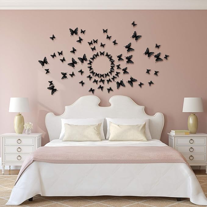 BBTO 48 Pieces Butterfly Wall Decor DIY 3D Mirror Butterfly Stickers Removable Decals Crafts for Birthday Party Bedroom School Bathroom Living Room Decor(Black)
