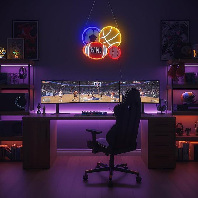 4 Ball Sport Neon Sign, Soccer Basketball Baseball Football Neon LED Light Wall Decor with Printed Design, Sports Themed for Boy's Bedroom Playroom Man Cave Home College Club Birthday Party Decor
