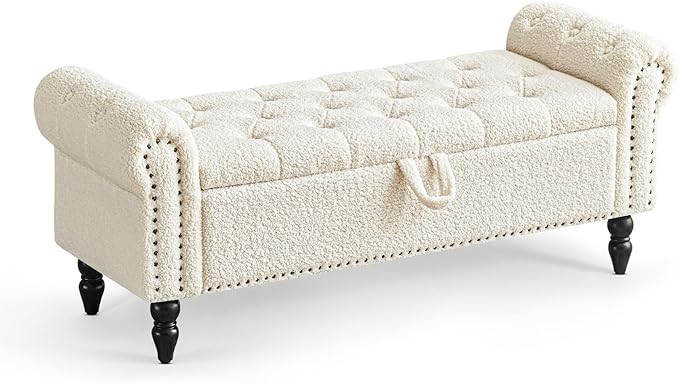 Furniliving Modern Storage Ottoman Bench, Sherpa Ottoman End of Bed Bench with Solid Wood Legs Upholstered Ottoman Benches with Storage Indoor Bench for Living Room with Rolled Arm, Entryway, White