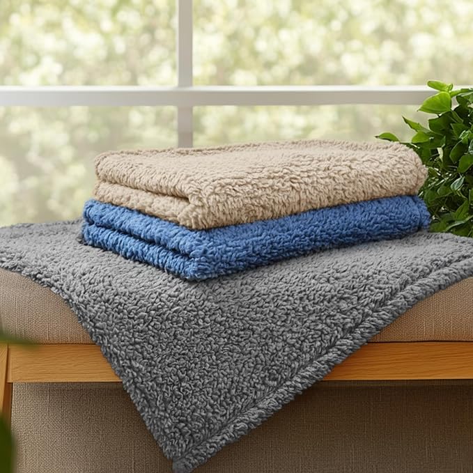 Luciphia 1 Pack 3 Calming Dog Blanket Fluffy Premium Fleece Pet Blankets Soft Sherpa Throw for Dogs Puppy Cat Grey/Beige/HazeBlue Large (41" x31")