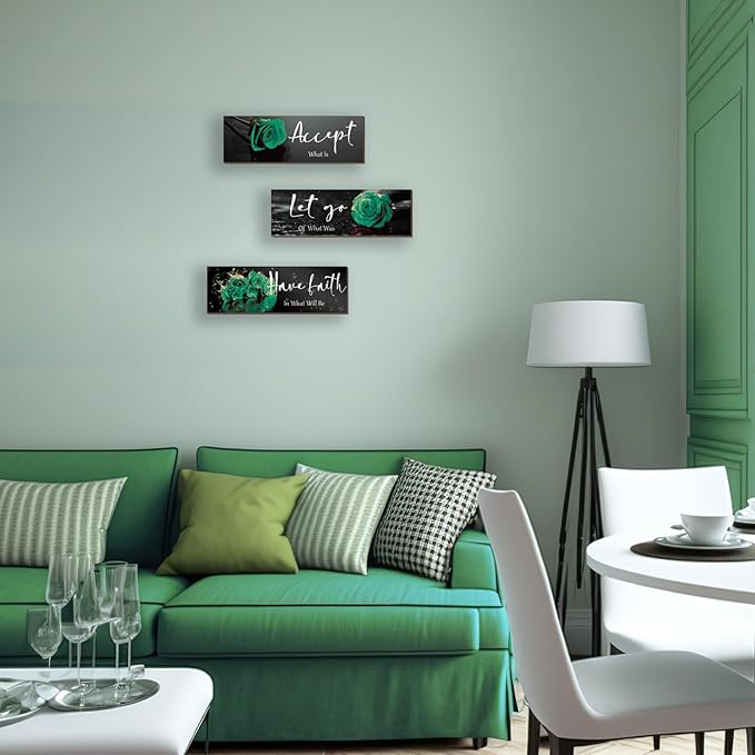 3 Pcs Green Wall Decor Inspirational Bathroom Decor Wooden Rose Wall Art Office Decoration With Accept Let Go Have Faith Quotes For Girl Women Bedroom Kitchen(Green 12 X 4 Inch)