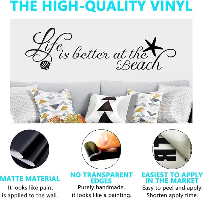 Inspirational Quotes Family Wall Stickers: Home Vinyl Art Wall Decals for Kitchen Living Room - Life is Better at The Beach 45" X 12.6"
