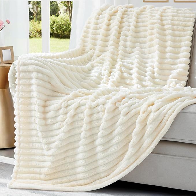 decorUhome Soft Fleece Cream White Blanket Queen Size for Bed, Cozy Fluffy Plush Flannel Large Striped Throws for Couch Sofa, Lightweight Decorative Fuzzy Blanket for Woman, 90x90 Inches