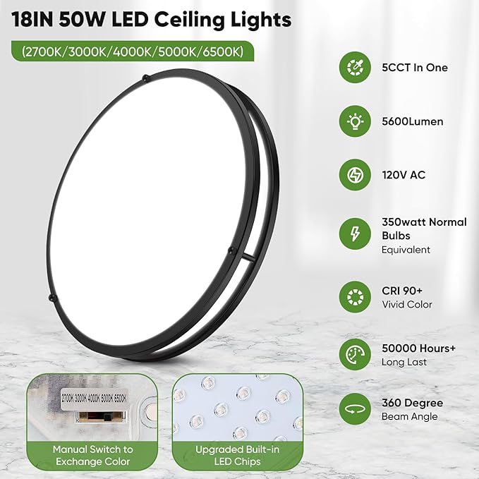 18inch LED Flush Mount Ceiling Light, 50W 5600lm Bright Dimmable LED Ceiling Light Fixture, 2700K-6500K Adjusted, Modern Kitchen Light Fixture Ceiling for Living Room Bedroom, Matte Black, 1-Pack