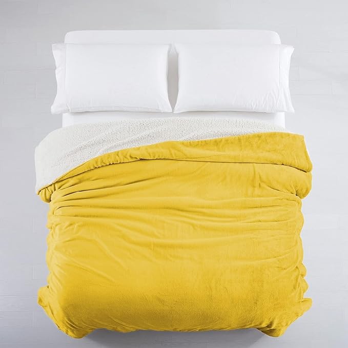 IR Imperial Rooms Gold Sherpa Fleece Queen Size Blanket for Bed - Thick and Warm Blanket for Winter Reversible Soft and Fluffy Blankets Queen Size, Yellow, 90x90 Inches