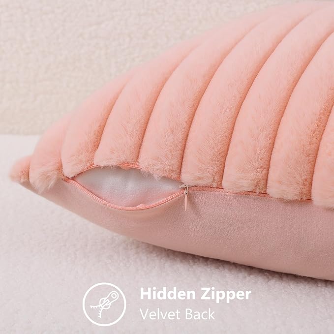 decorUhome Summer Cozy Faux Fur Throw Pillow Covers 12x20 Set of 2 Decorative Plush Striped Lumbar Modern Farmhouse Boho Couch Pillow Cases with Velvet Back for Sofa Bed Living Room, Blush Pink