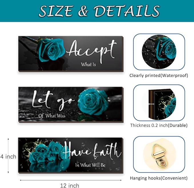 3 Pcs Teal wall decor Inspirational Teal Bathroom Decor Wooden Rose Wall Art Turquoise Office Decoration with Accept Let Go Have Faith Quotes for Girl Women Bedroom 12 x 4 Inches