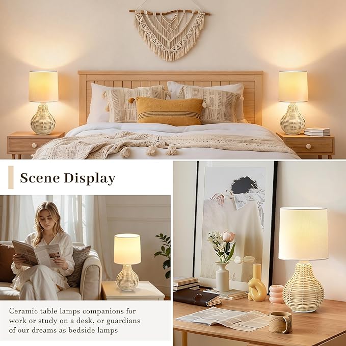 Rattan Table Lamp Boho Lamps Set of 2-12.5" Mini Farmhouse Wicker Light Rustic End Table Decorative Small Lamps for Small Spaces Bedroom Nightstand Living Room Reading Desk Side Table Lamp