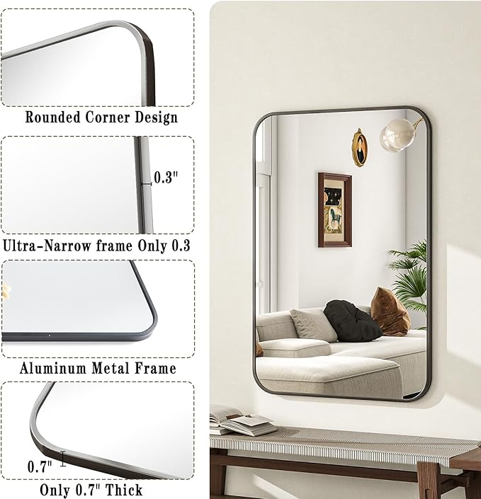 26x38 Inch Bathroom Mirror - Wall Mounted Vanity Mirror with Round Corner Aluminum Alloy Frame, Hanging Horizontally Vertically for Living Room, Bedroom, Hallway as Home Decor, Black