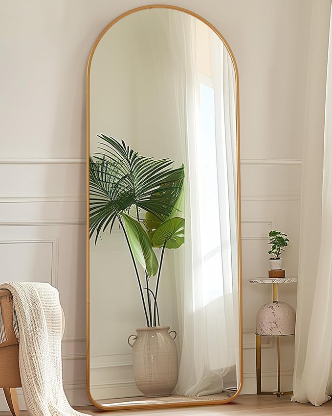 Antok Full Length Mirror, 58"x18" Floor Mirror with Stand, Hanging Mounted Mirrors for Bedroom, Living Room, Cloakroom, Dining Room, Gold, Arch
