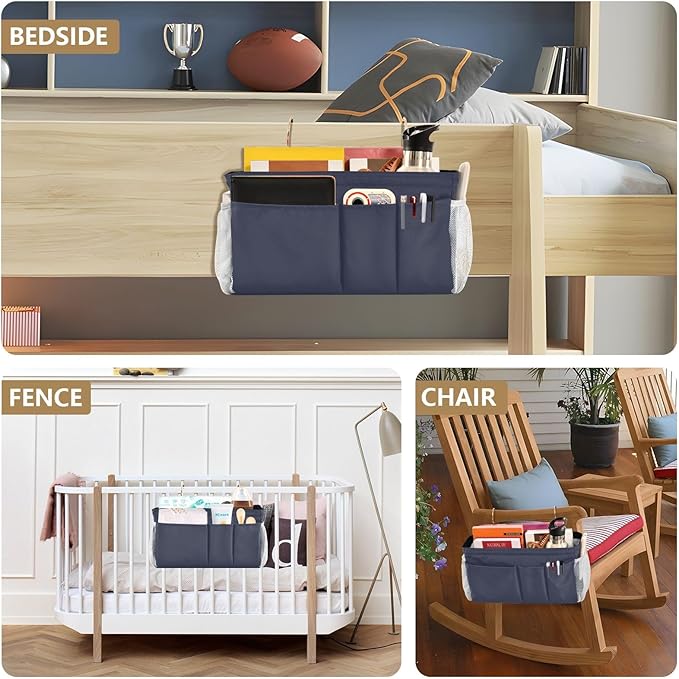 DOMIKING Navy Blue Bedside Caddy for Dorm Bed Recliner Armrest Organizer with Hooks Haning Storage Bag for Bunk Bed Rails Headboards