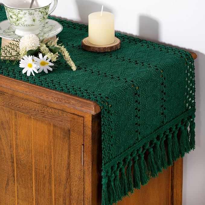 Socomi Boho Table Runner Easter Spring Farmhouse Rustic Dining Kitchen Centerpiece Decor Small Macrame Woven Cotton Linen Coffee Table Runner for Dresser Scarf Home Decor 12x48 inch Emerald Green