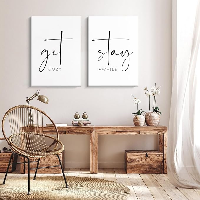 Pennclys Get Cozy Wall Art Decor Stay Awhile Sign Canvas Above Bed Wall Art Guest Bedroom Decor Lets Stay in Bed Pictures Modern Painting Artwork for Living Room Guest Room 16x24x2 Inch Ready to Hang