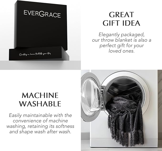 EverGrace Soft Chenille Throw Blanket for Couch, Cozy Plush Fuzzy Decorative Chenille Knit Throw Blanket with Tassels, Lightweight Blanket and Throws for Bed Sofa Gift Home Decor, Iron Black 50"x60"