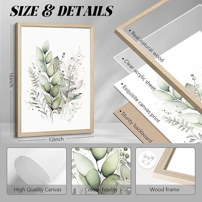 Watercolor Botanical Wall Art Set of 3 Boho Floral Canvas Wall Decor Prints Sage Green Wildflower Wall Art Modern Flower Pictures Botanical Painting for Bedroom Bathroom 12x16 Inch Wood Framed