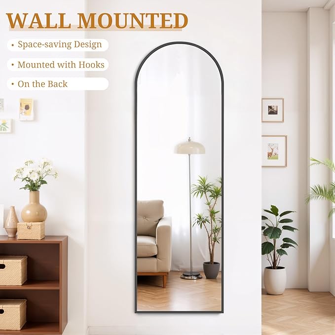 Full Length Mirror 59"x16" Full Body Mirror Arched Free Standing Wall Mounted Leaning Floor Mirrors with Stand Aluminum Alloy Frame for Bedroom Cloakroom, Black