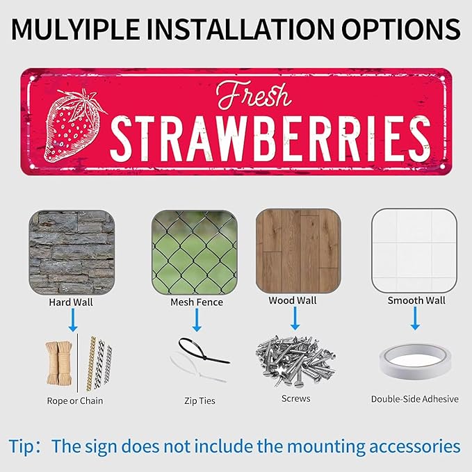 Strawberry Sign Vintage Metal Tin Sign Fresh Strawberries Signs Farmers Market Decor Home Kitchen Cottage Farm Art Plaque Wall Decoration 16x4 Inches