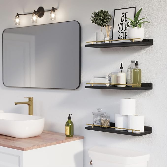 WOPITUES Floating Shelves with Gold Metal Guardrail, Shelves for Wall Decor Set of 3, Wall Shelves for Bedroom, Bathroom, Kitchen, Living Room, Plants, Picture Frames, Art- Black and Gold