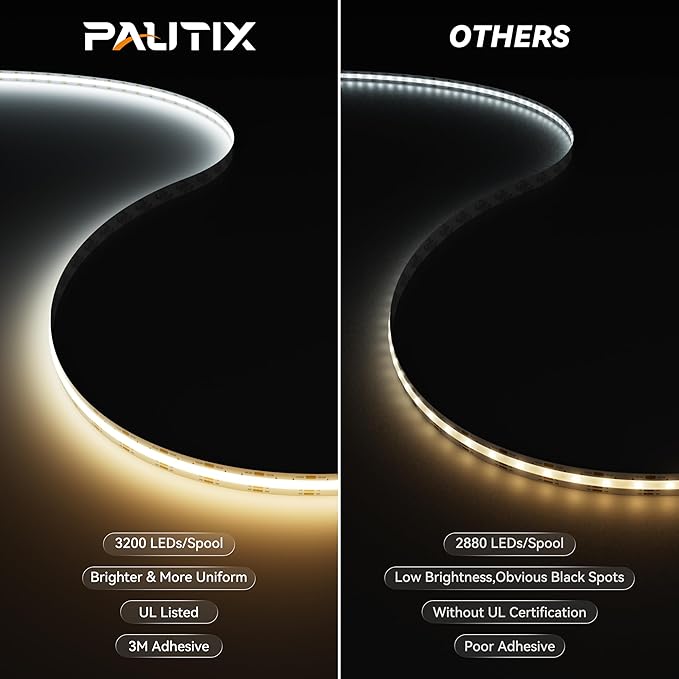 PAUTIX COB LED Strip Light White CCT Tunable 3200LEDs,CRI90+ 16.4ft/5m Dimmable 2700K-6500K 24V LED Tape Light,for Under Cabinet Bedroom Kitchen TV Mirror DIY Lighting(Adapter & Dimmer NOT Included)