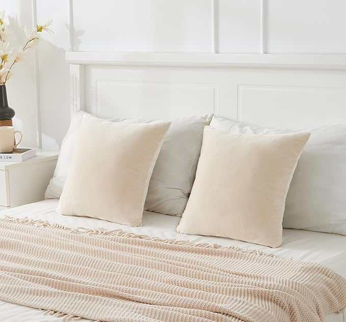 Throw Pillow Covers Neutral Beige Set of 2 20x20 Inch Pillow Covers, Soft Velvet Farmhouse Decorative Pillowcases for Couch Sofa Bed, Home Boho Decor, Modern Cushion Covers