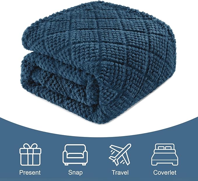 Whale Flotilla Fuzzy Fleece Twin Size Blanket for Bed, Soft Fluffy Jacquard Waffle Blankets for All Season, Lightweight and Warm, 60x80 Inch, Navy Blue