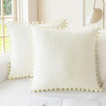 CaliTime Throw Pillow Covers Decorative 22 X 22 Inches Pack of 2 Cozy Solid Dyed Soft Chenille Cushion Cases with Pom Poms for Couch Sofa Bed Living Room Home Cream